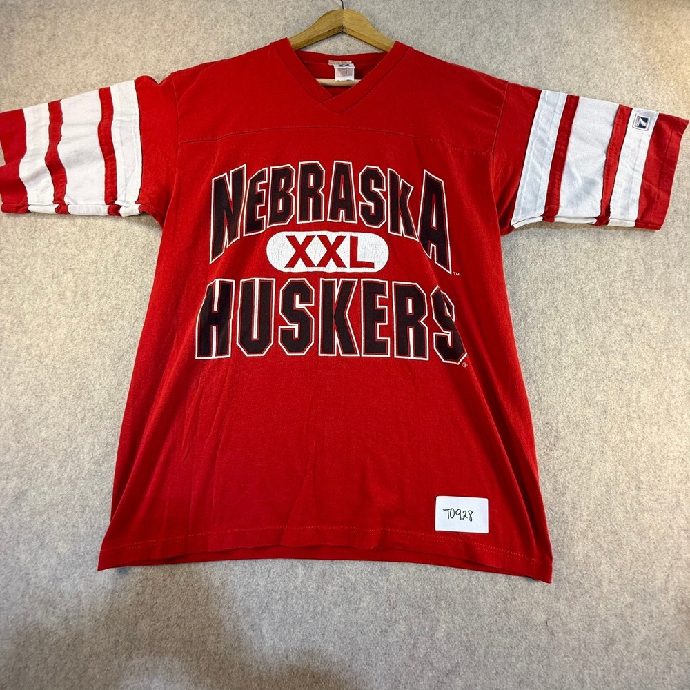 Vintage Logo 7 Nebraska Huskers T Shirt Red Striped Sleeve V-Neck Large USA Made
